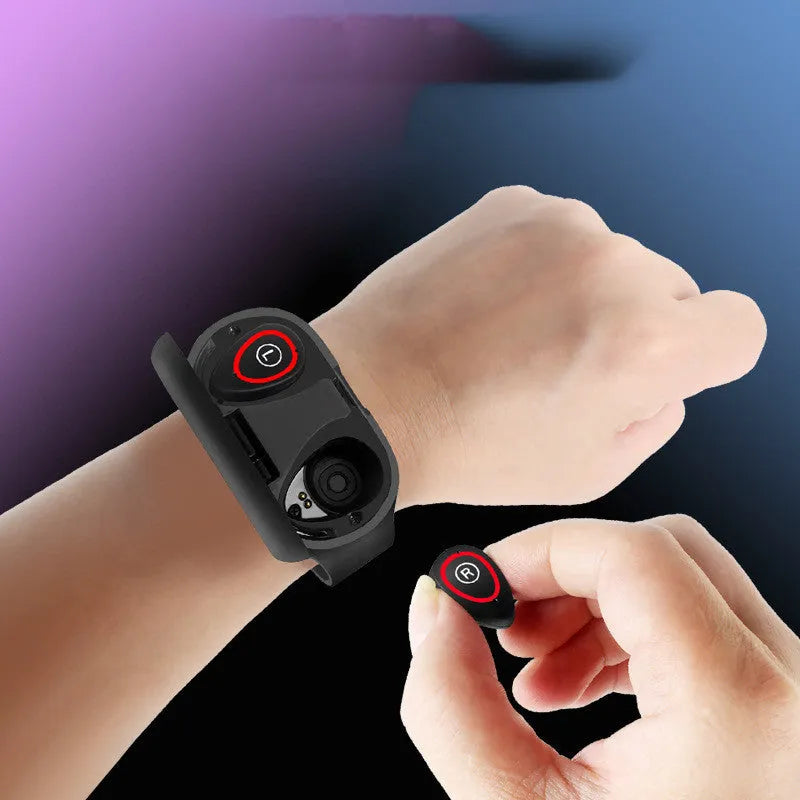 Smart bracelet earphone combo with touch screen display on silicone wristband in multiple colours