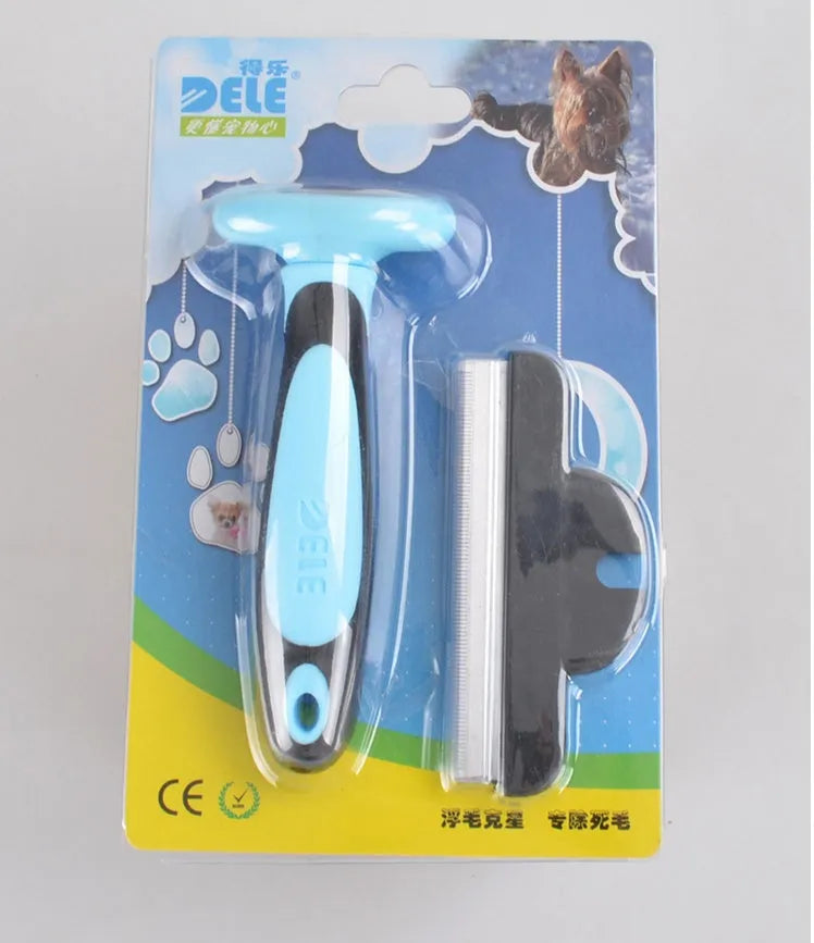 Pet hair removal comb for long straight hair, available in blue or pink, sizes S M L.