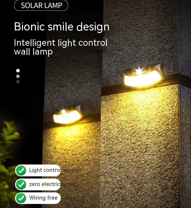 Solar garden wall lamp with retro smiling face design for outdoor decorative lighting