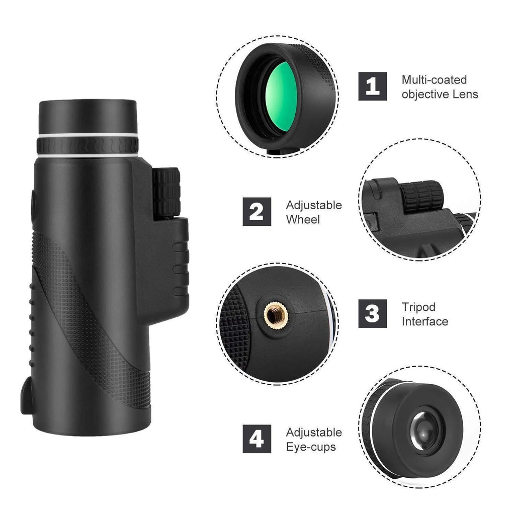 Black 40x60 monocular telescope with waterproof housing and FMC green film lens for outdoor observation.