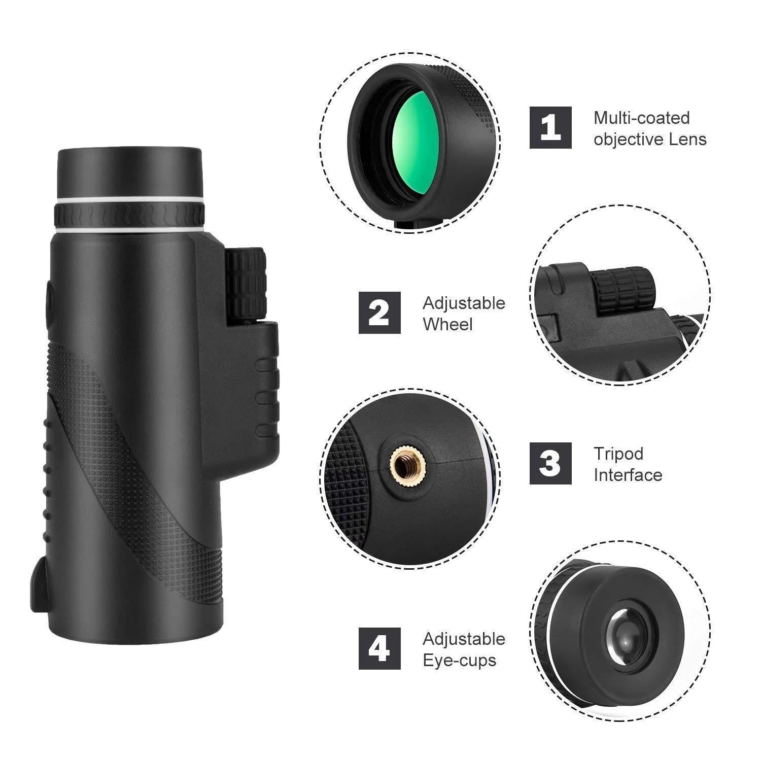 Black 40x60 monocular telescope with waterproof housing and FMC green film lens for outdoor observation.