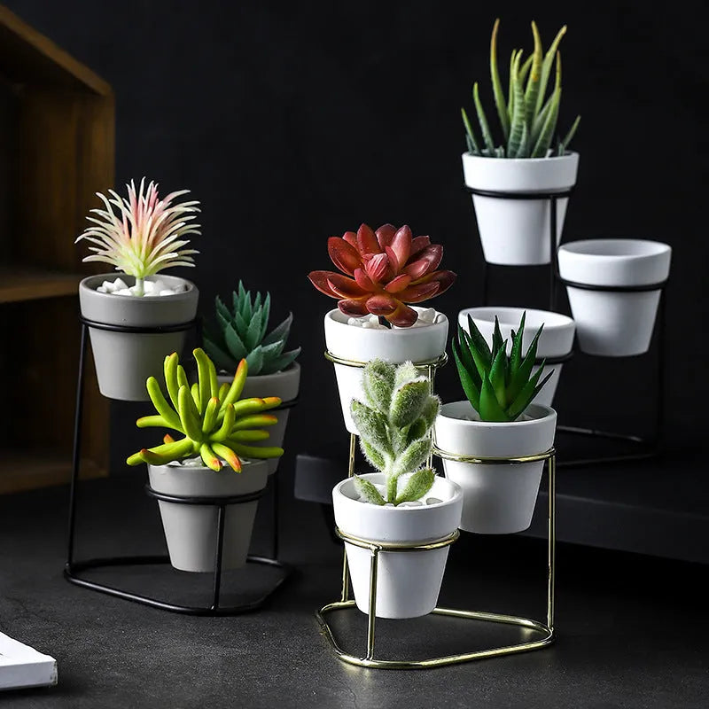 Set of grey pottery flower pots with electroplated metallic finish in multiple colour options