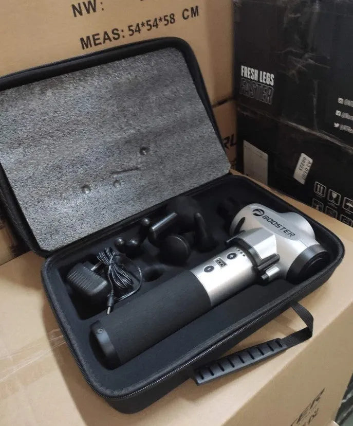 Black and white portable massage gun for deep tissue muscle relaxation