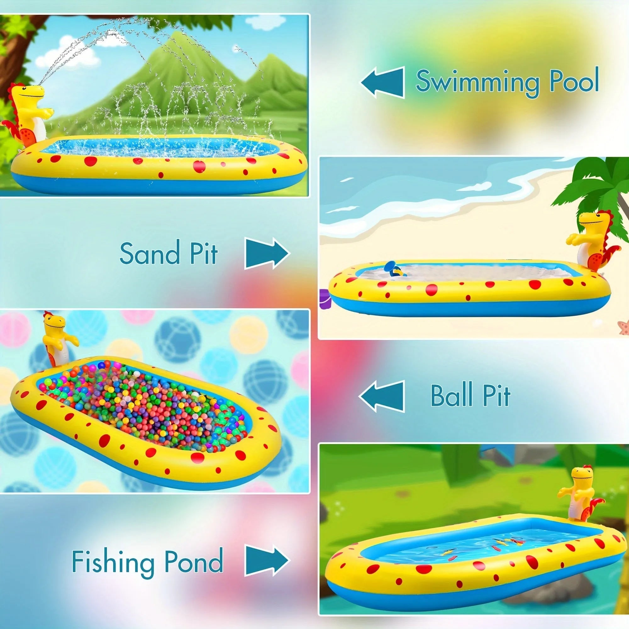 Blue dinosaur-shaped inflatable water spray pool with shark design features for kids outdoor play