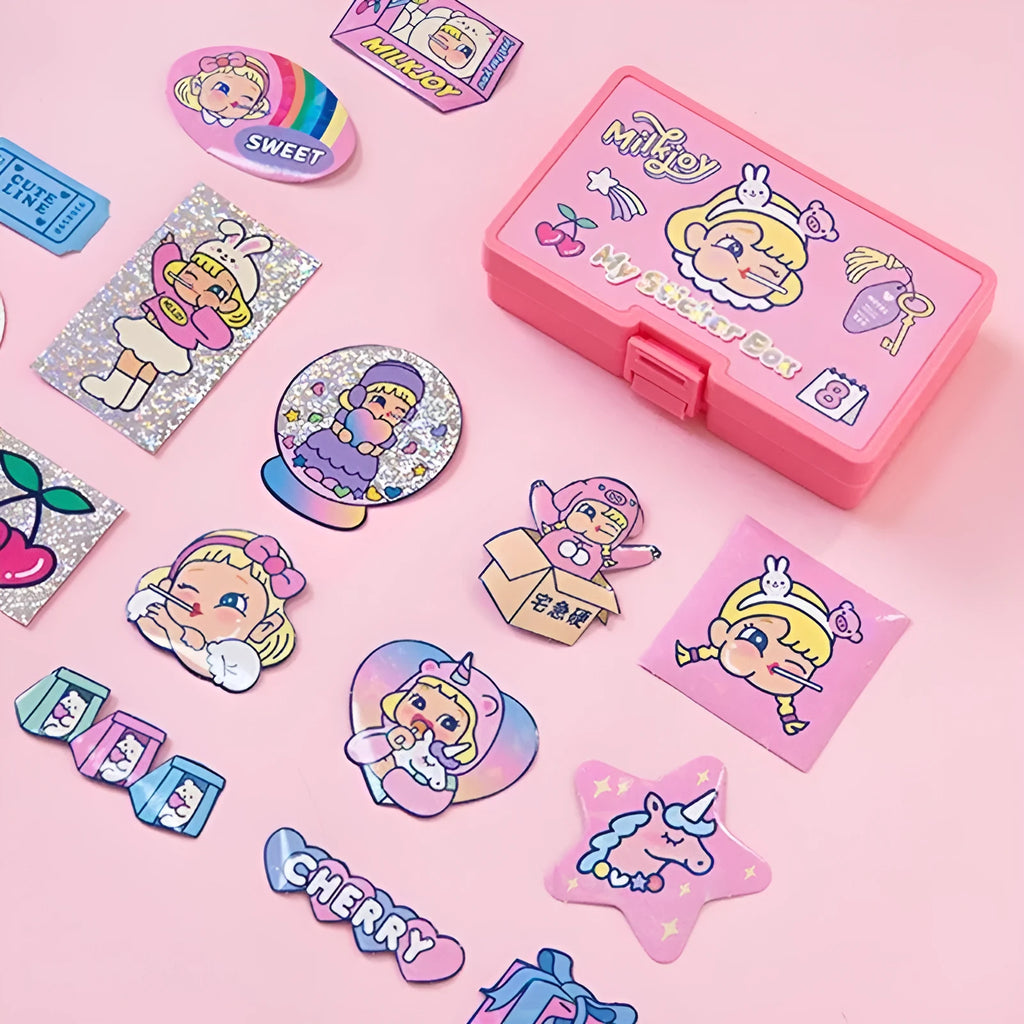 Cartoon sticker set showing 16 square PVC decals and storage box with cute girl and comic designs.