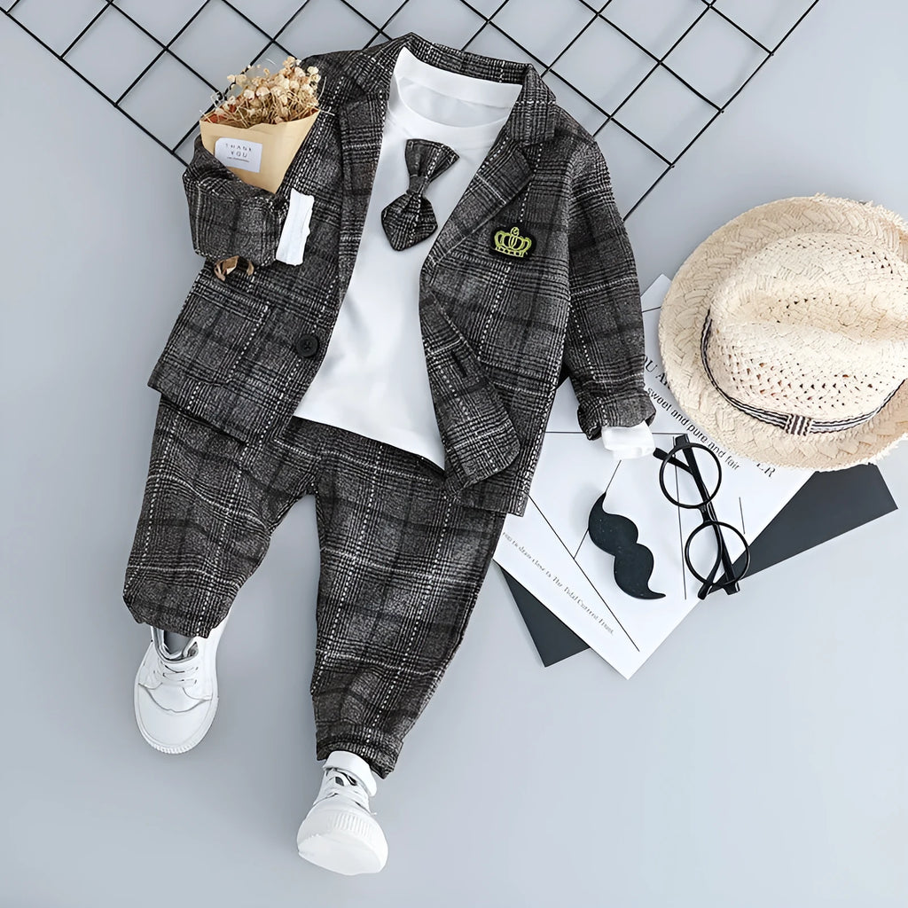 Boys' cotton three-piece suit set in coffee colour with trousers for ages 1-3 years