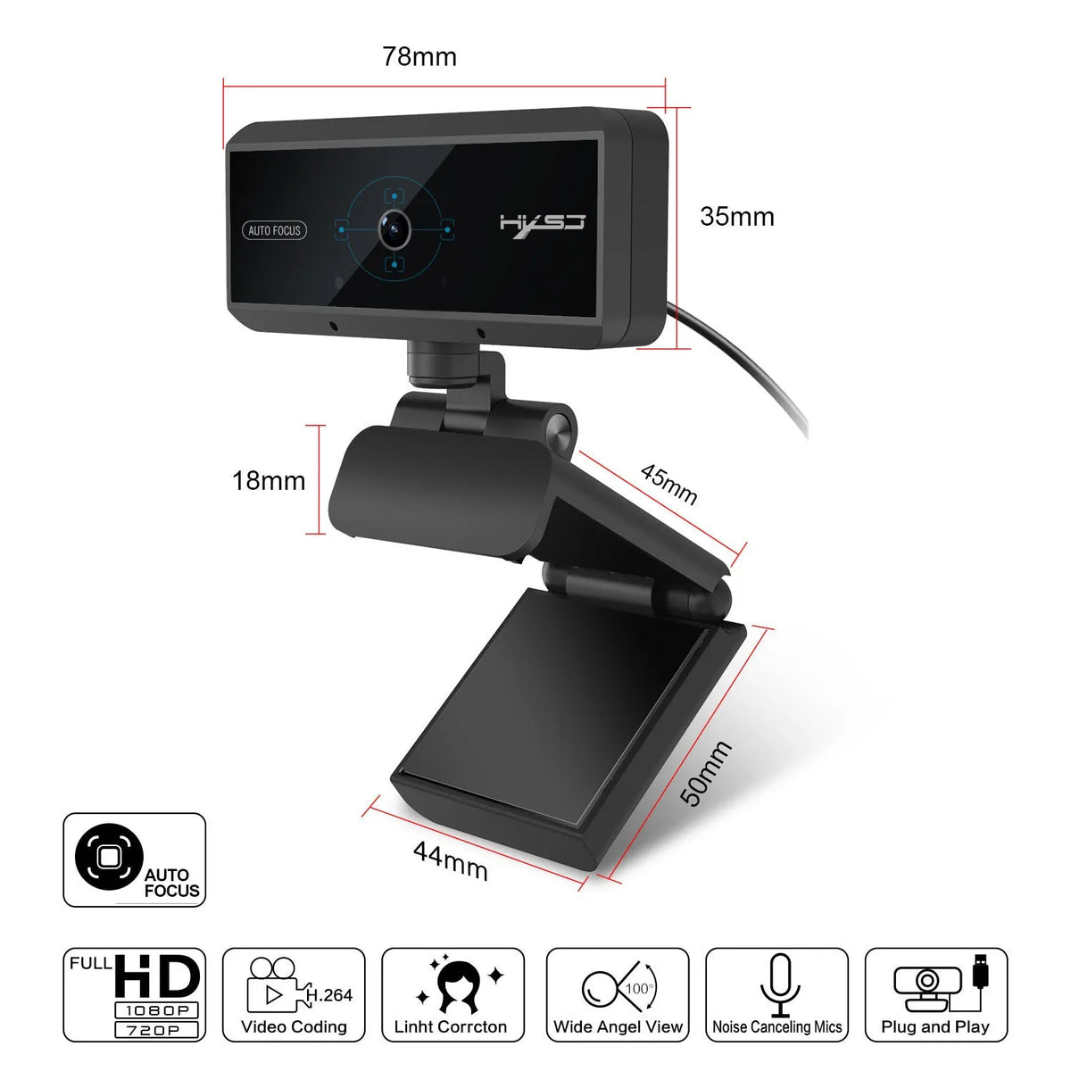 Black computer video camera with 5MP autofocus and 1.7m cable for desktop use