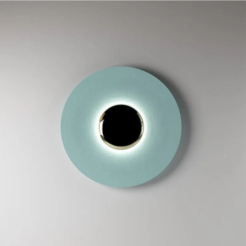 UFO-shaped iron wall lamp in blue, available in multiple sizes with integrated LED light.