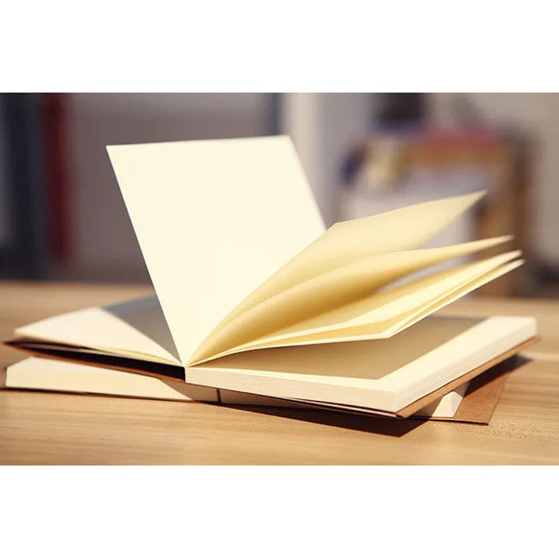 Brown kraft paper sketchbook with wireless binding open to show drawing pages