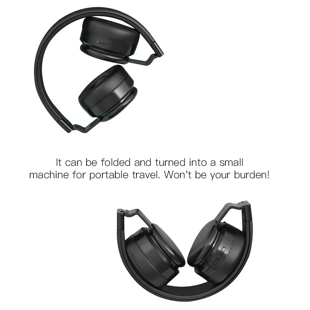 Folding sports headphones in black silver colour showing Bluetooth, FM radio and card mode functions