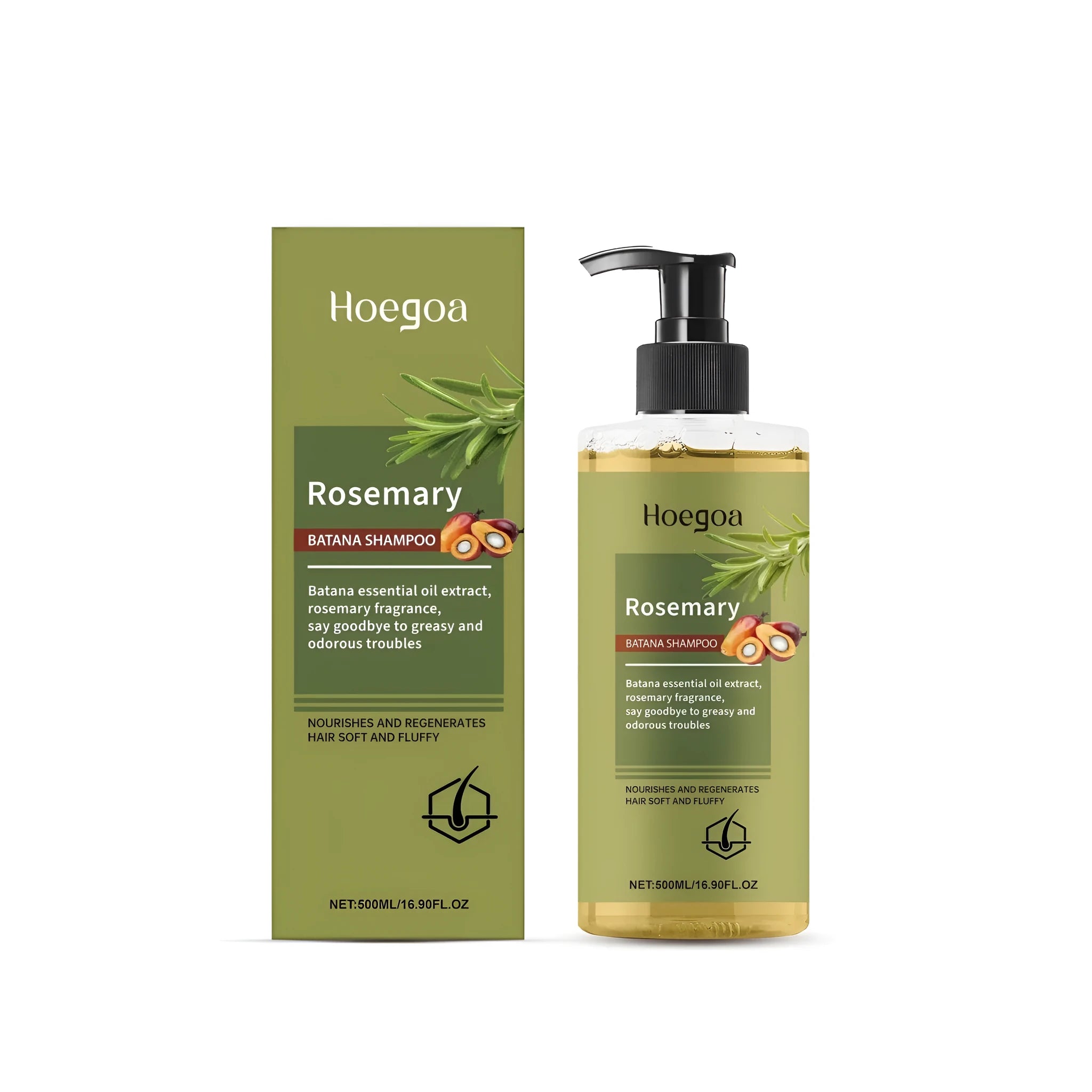 500 ml bottle of Rosemary Hair Growth Shampoo with label showing ingredients.