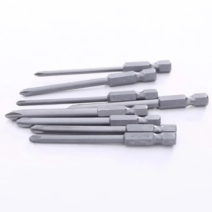 Set of eight 75mm long magnetic Phillips head screwdriver bits with 1/4 inch hex shanks on a grey background