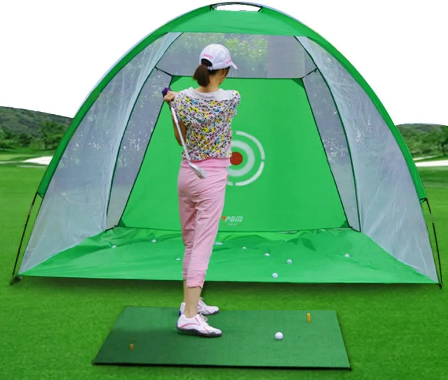 Golf practice net tent 2m fibreglass cage black and green front view with target sheet and ball collection floor