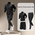 Men's black polyester fitness set with long-sleeved top, shorts, and trousers on model for summer training