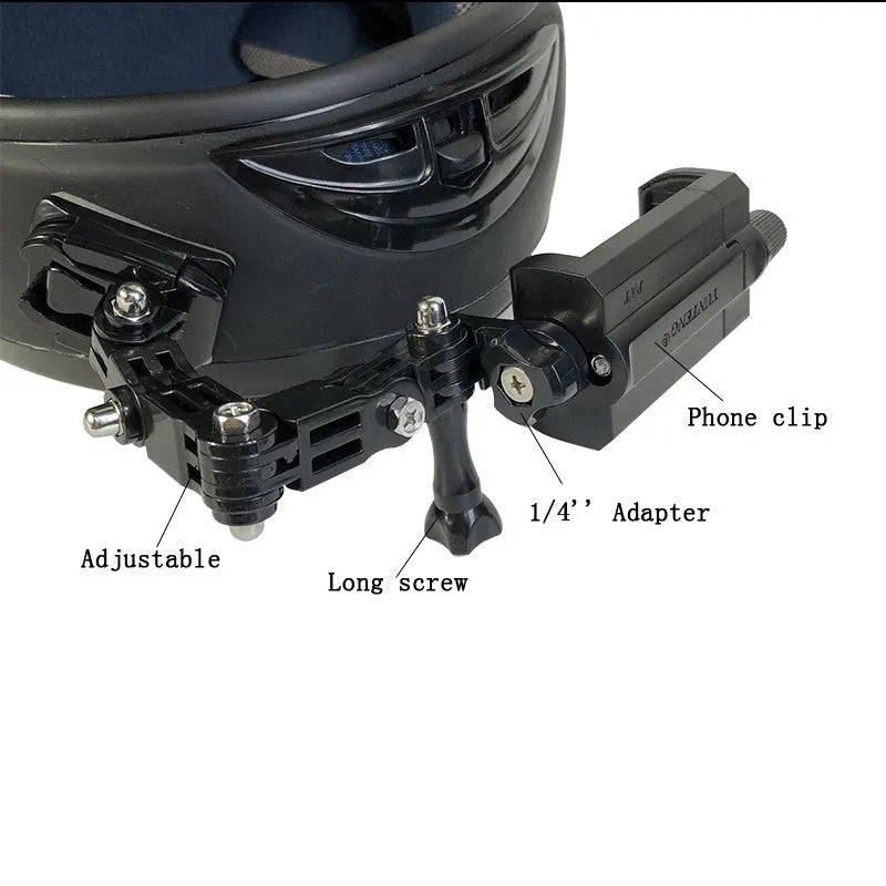 Black camera bracket mounted on a motorcycle helmet, made of ABS and stainless steel