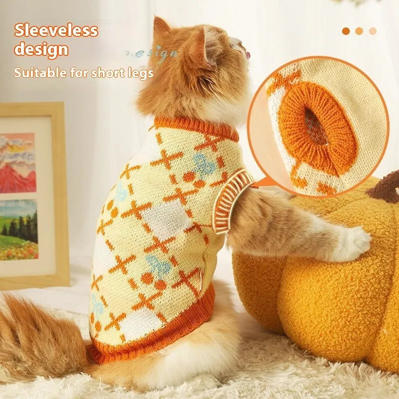 Orange cherry pattern cat sweater for windproof warmth in autumn and winter, sizes S to XL