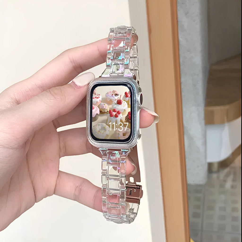 Colourful laser carved transparent resin watch strap with straight 22mm interface for Apple watches