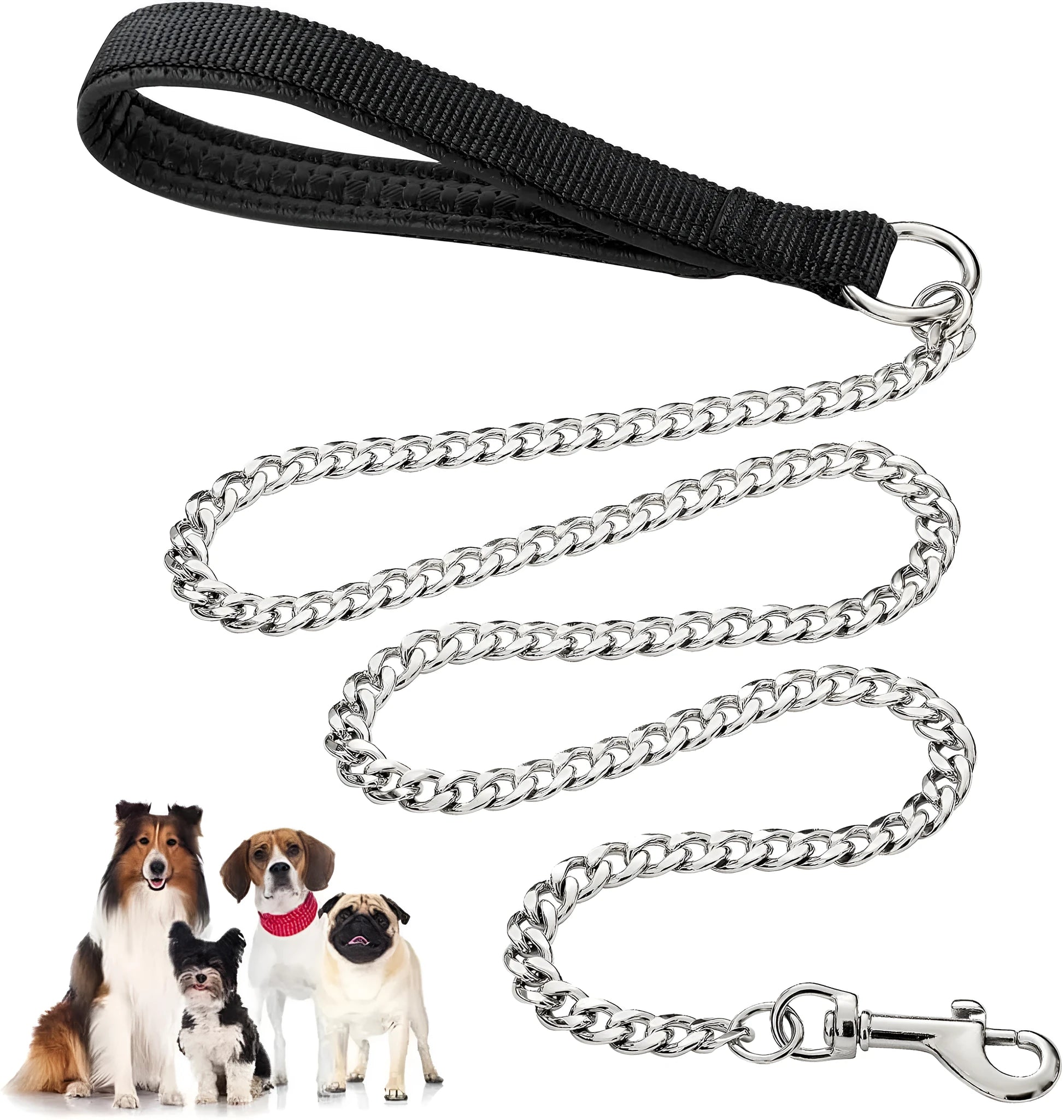Heavy duty metal dog leash with a soft black padded handle and chrome chain.