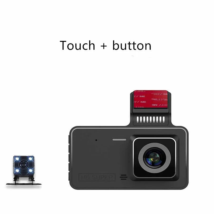 4-inch touchscreen adhesive dashcam with dual lens mounted on car windscreen