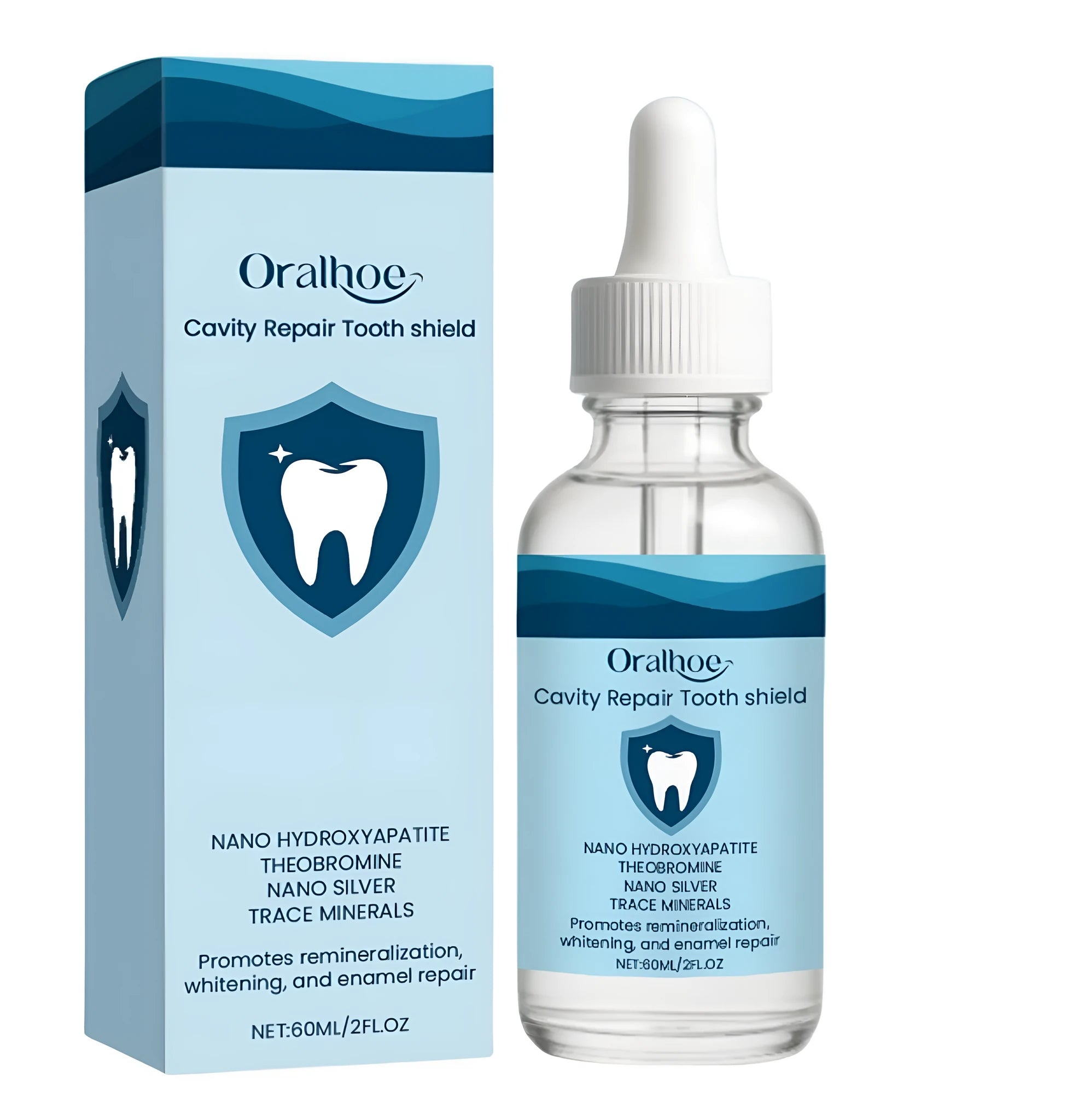60ml bottle of dental restorative fluid with hydroxyapatite and theobromine for enamel repair