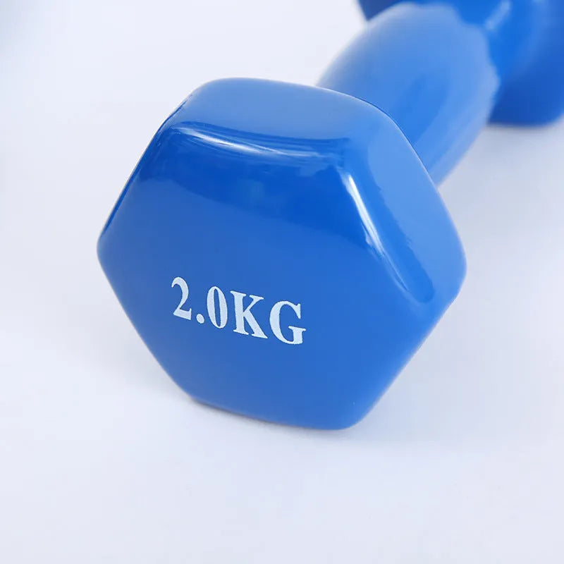 Bright colour plastic-coated fitness dumbbells in 0.5kg, 1kg, and 1.5kg weights for home exercise