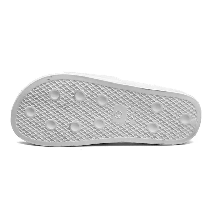 Men's large black and white open-toe personalised slippers with rubber soles on a plain background.