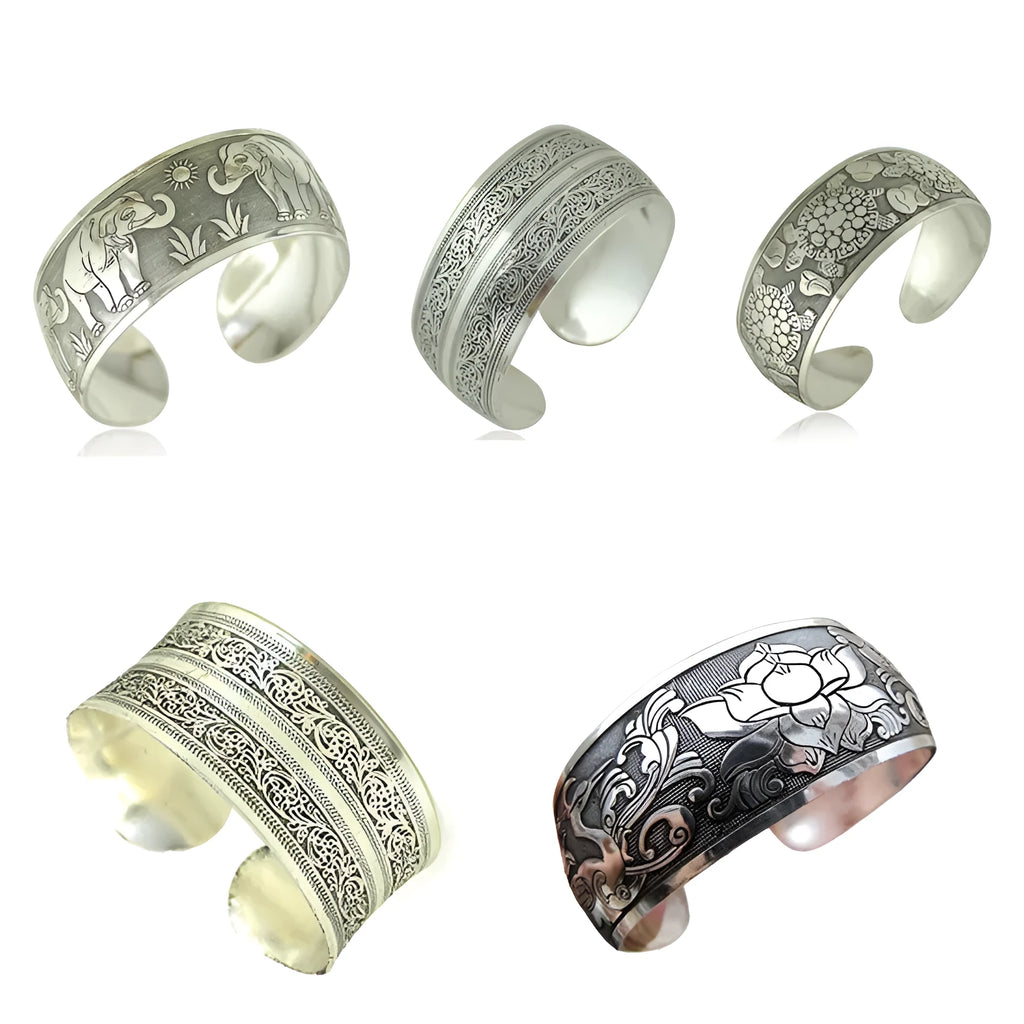 Open carved Miao silver bracelet with ethnic design and Roman shape in alloy