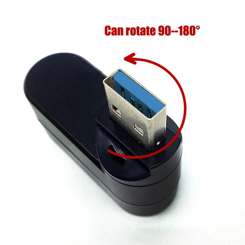 Black and white USB rotary splitter hub with four ports on a blister card.