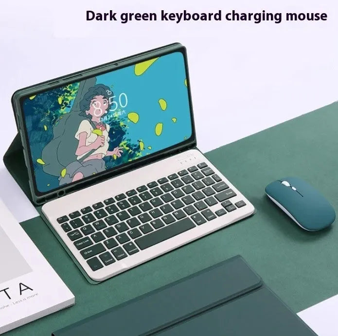 Samsung Galaxy tablet inside a black leather-style TPU case with a Bluetooth keyboard and charging mouse.