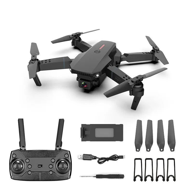 Grey foldable 4K drone with dual camera mounted on ABS body with LED lights