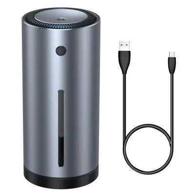 Black aluminium alloy car diffuser humidifier with USB cable for air purification.