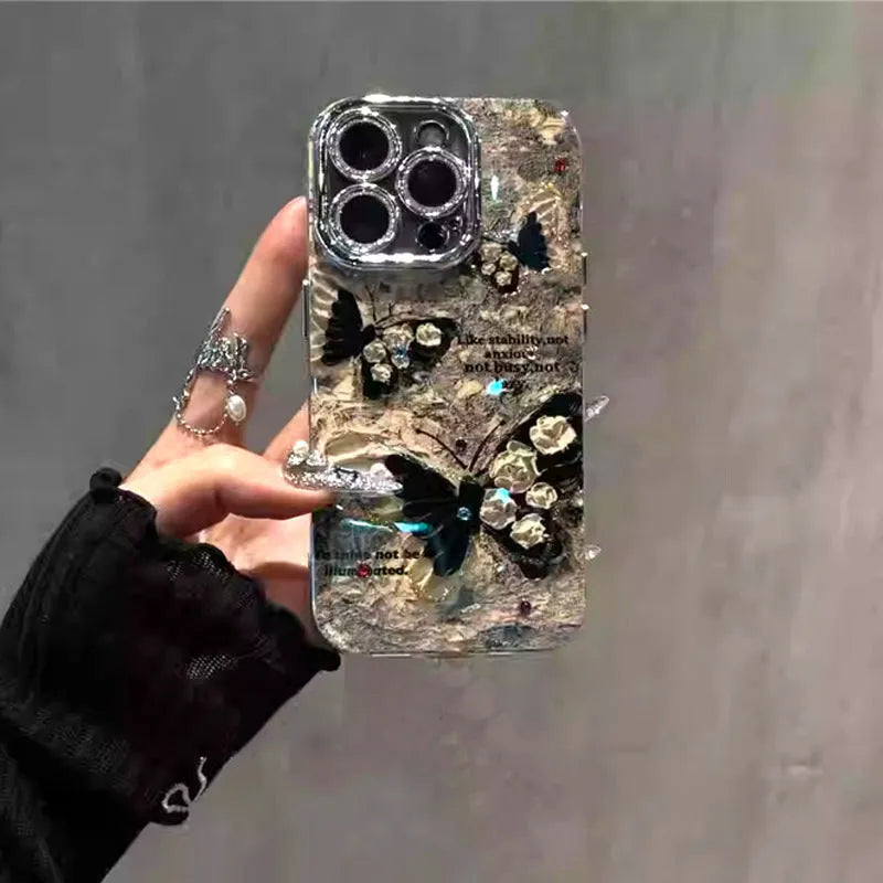 Retro brown butterfly acrylic phone case with flash lens bracket for iPhone