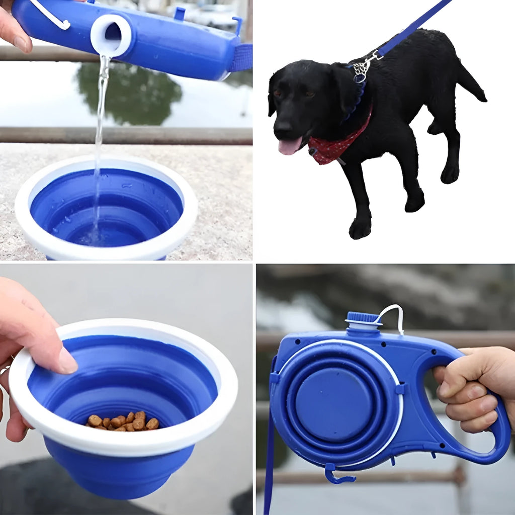 Dog leash set with water bottle and cup in plastic construction, 23cm long, available in red black blue