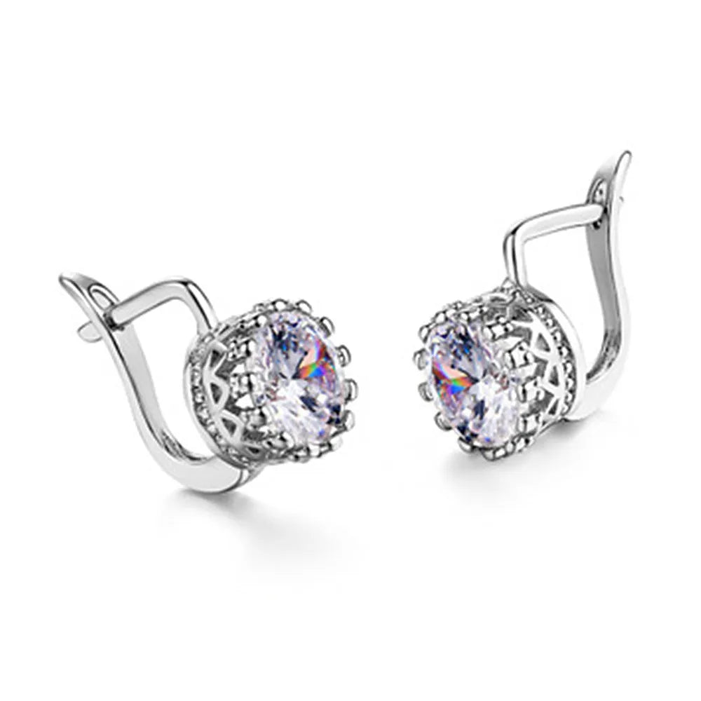 Crown-shaped clip-on earrings with white diamond details in rose gold or white gold colour finish