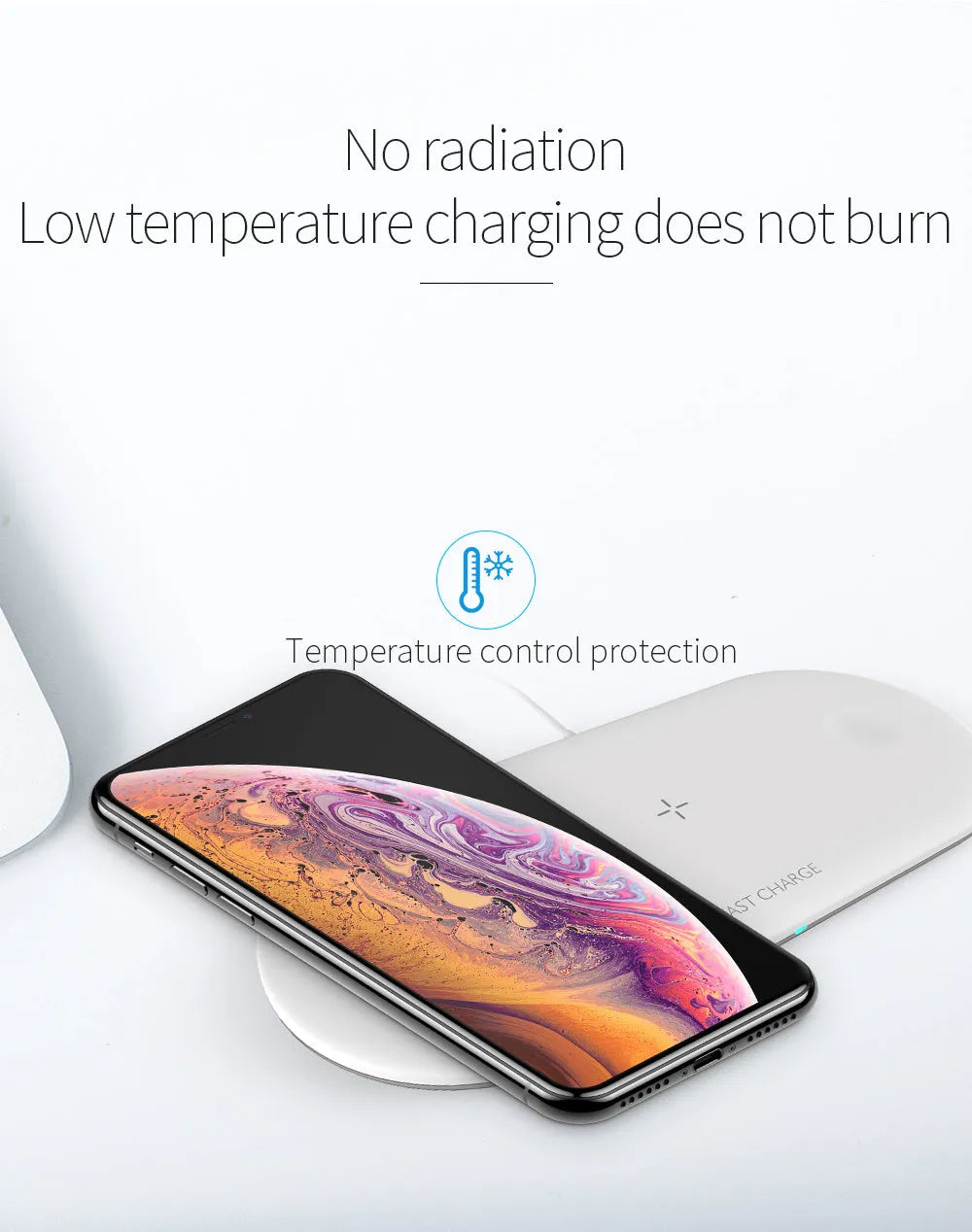 Three-in-one wireless charging station for Apple iPhone, Watch and AirPods on desktop