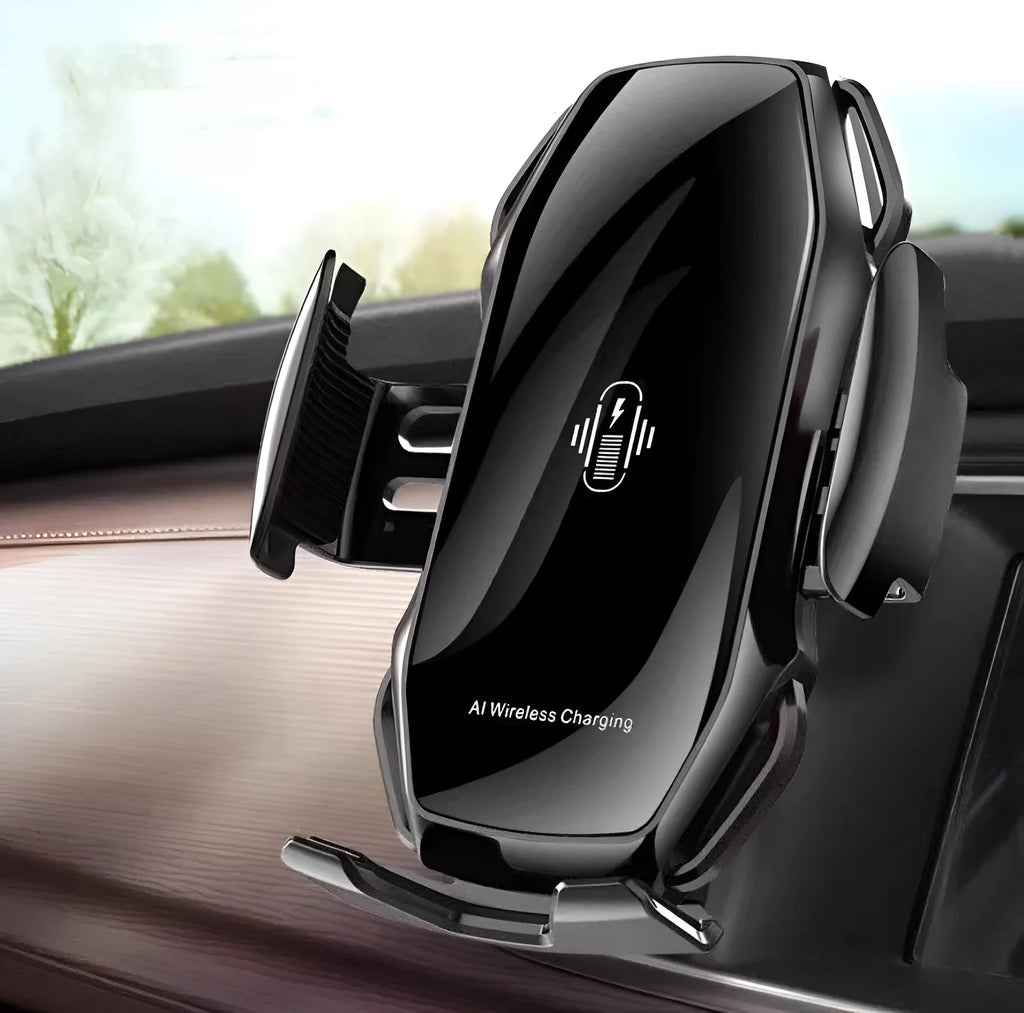 Car mobile phone holder with USB port in black, blue, gold, and red colour options.