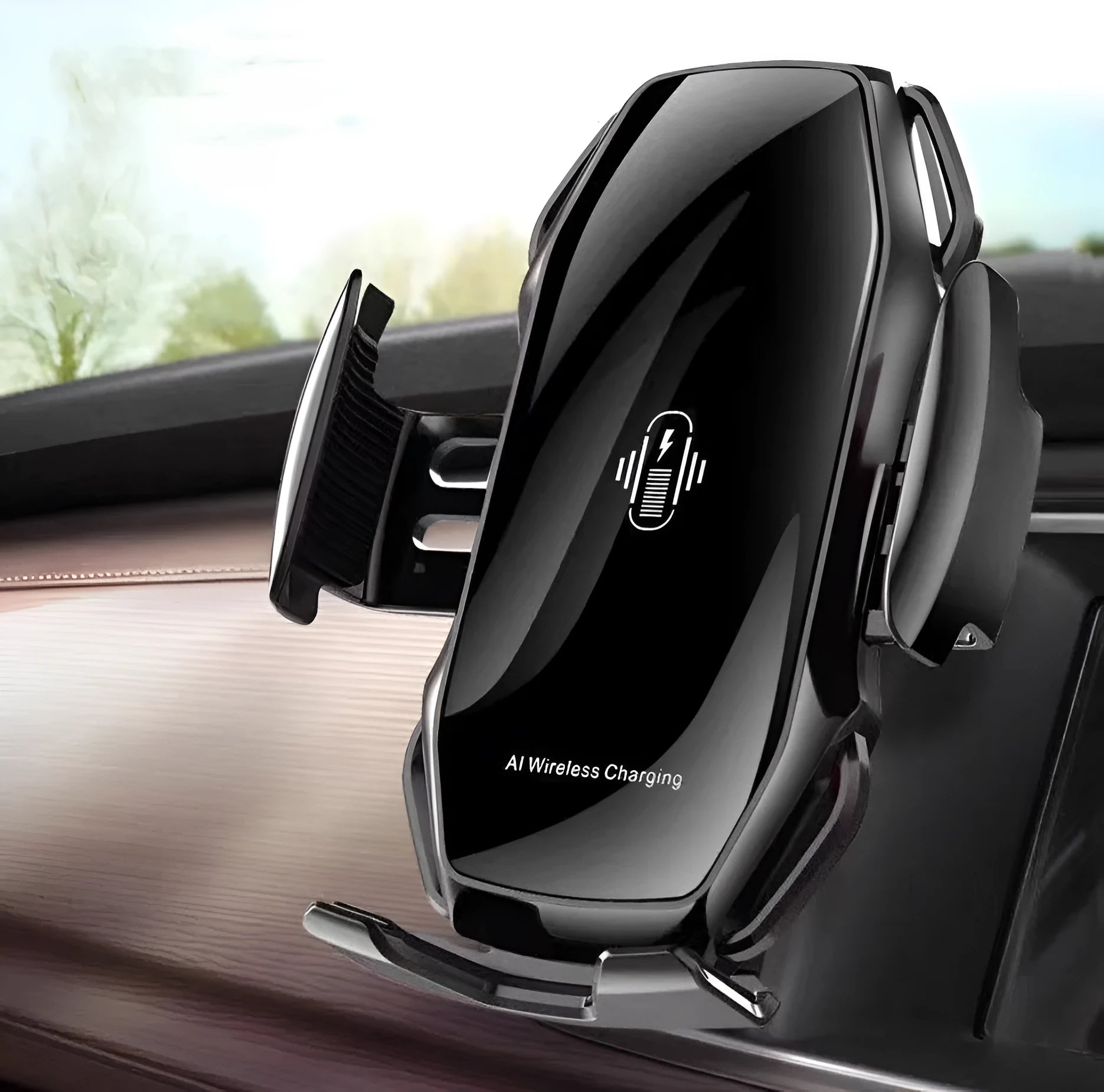 Car mobile phone holder with USB port in black, blue, gold, and red colour options.