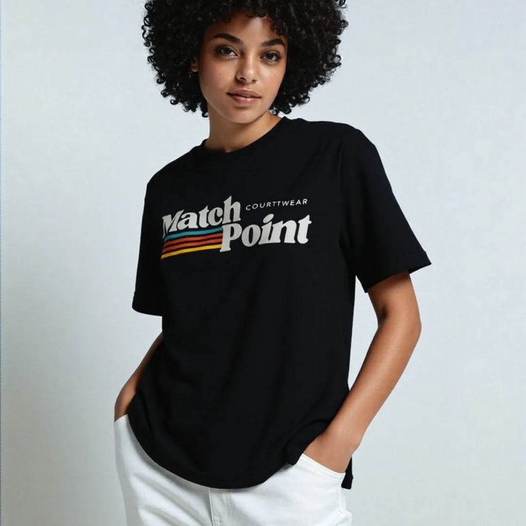 Black men's T-shirt with a 3D digital printed text pattern, short sleeves, and a round neck.