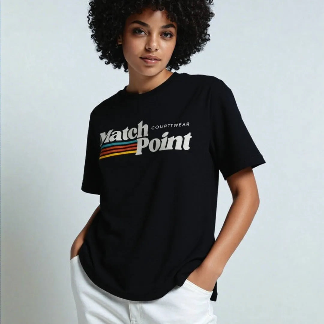 Black men's T-shirt with a 3D digital printed text pattern, short sleeves, and a round neck.
