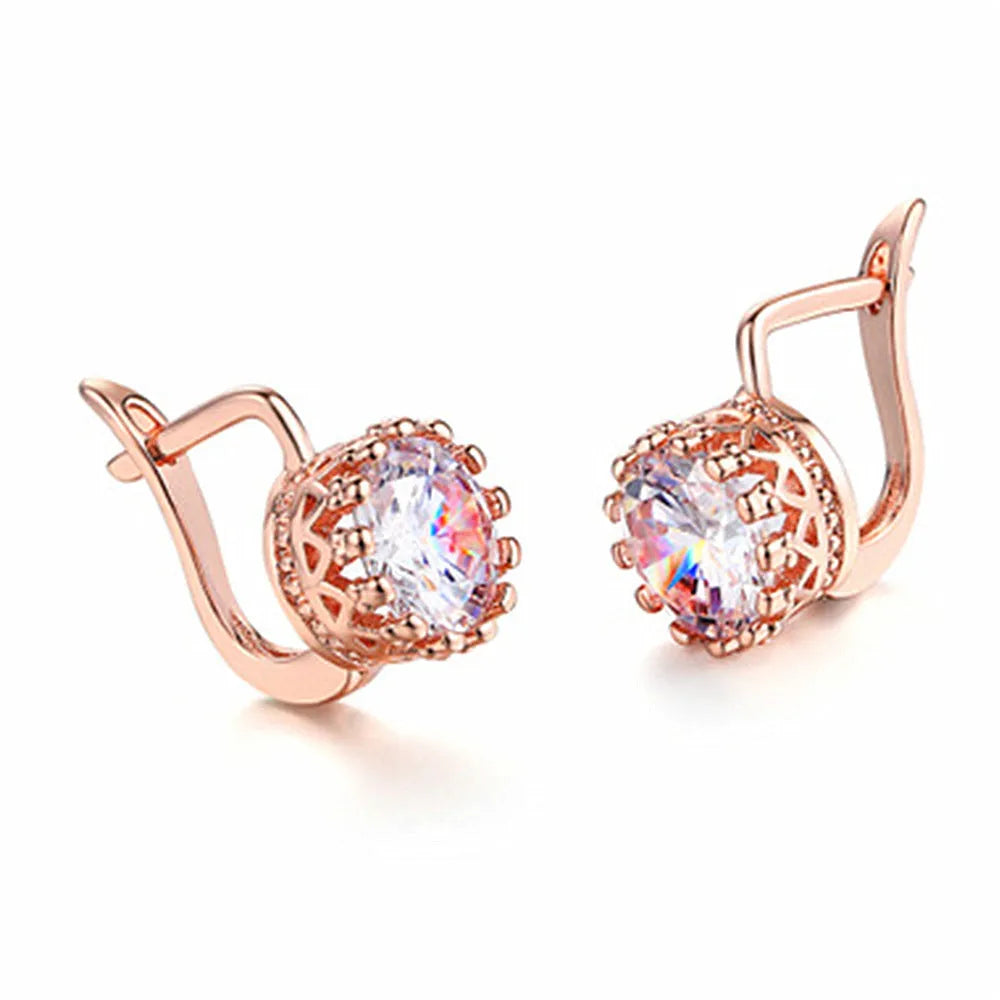 Crown-shaped clip-on earrings with white diamond details in rose gold or white gold colour finish