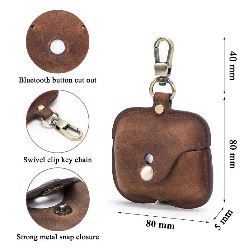 Vintage brown leather clamshell case for Apple AirPods Pro wireless earphones.