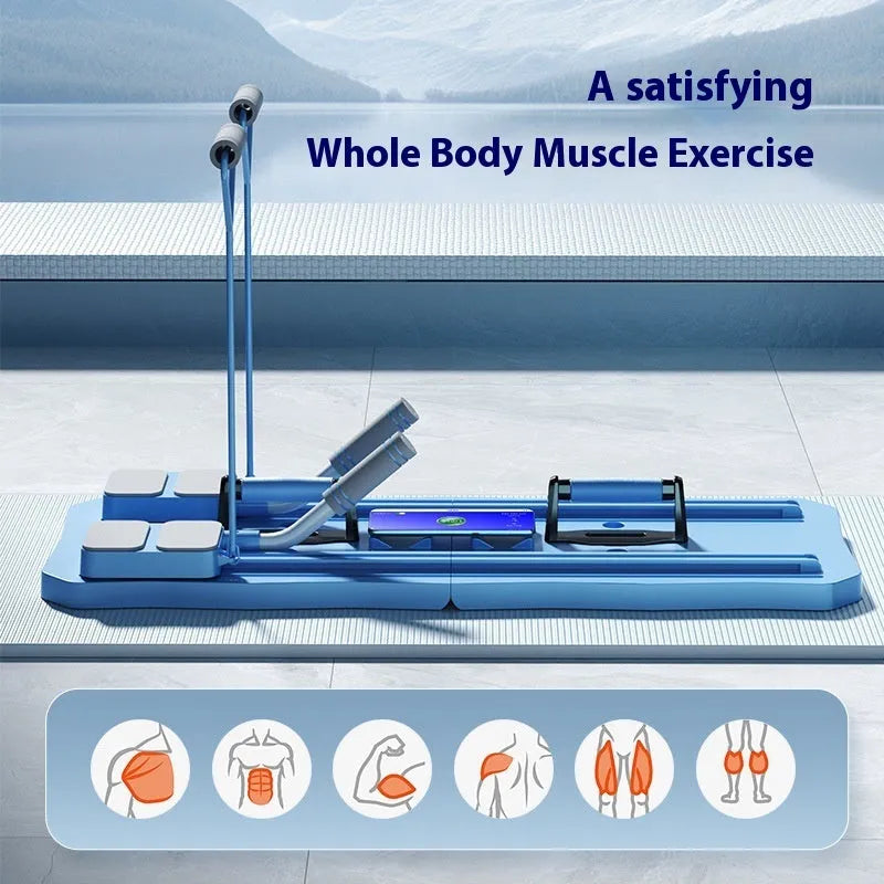 Blue multi functional fitness board with foldable design and Ab rocket on a light background