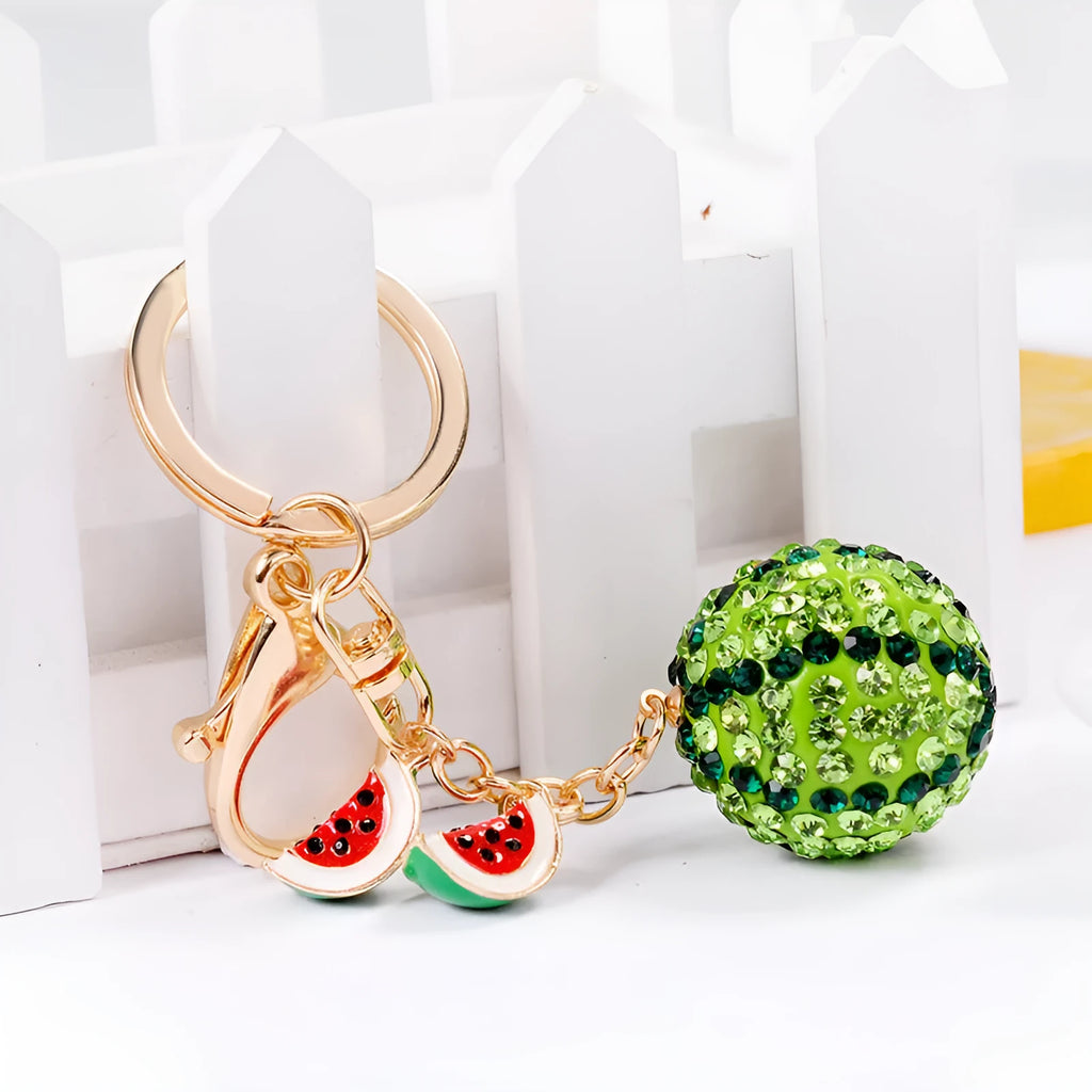 Green zinc alloy watermelon-shaped keychain measuring 12cm.