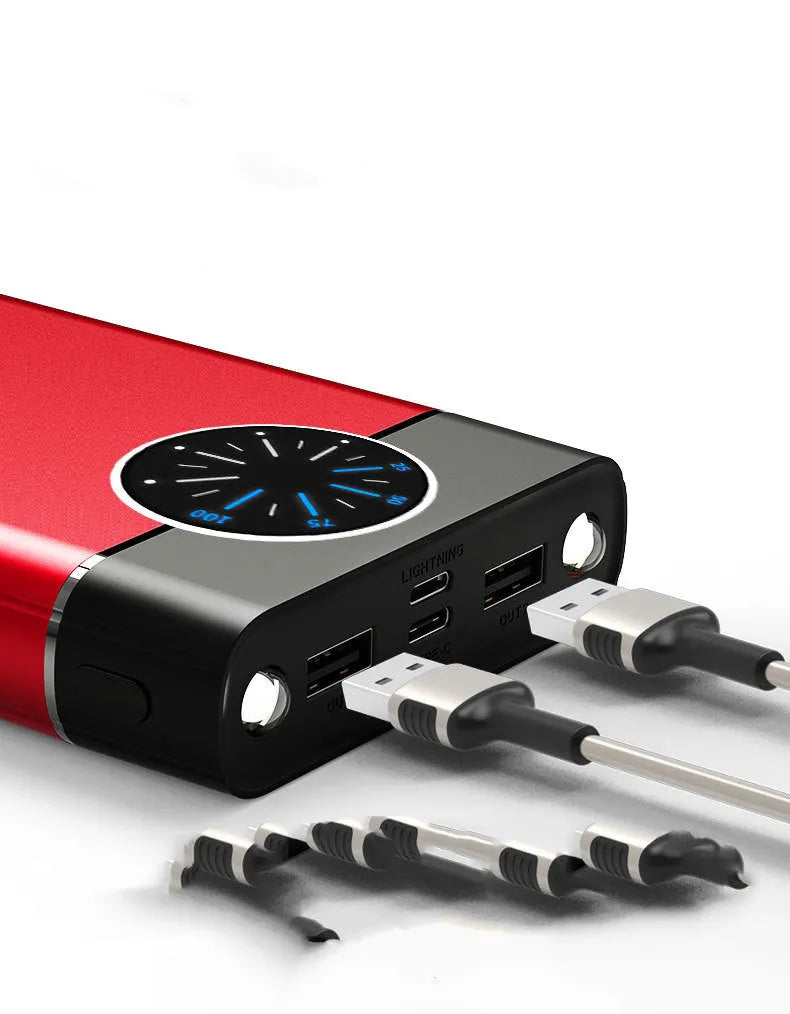 Black, red, and blue alloy-shell 20000mAh fast charging power bank with LED flashlight.