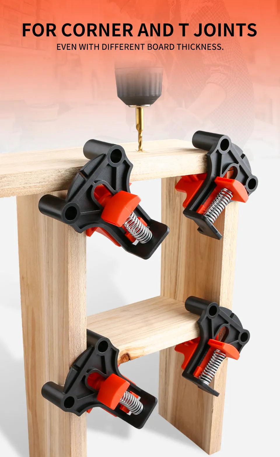 Four plastic 90 degree right angle woodworking clips for picture frame assembly