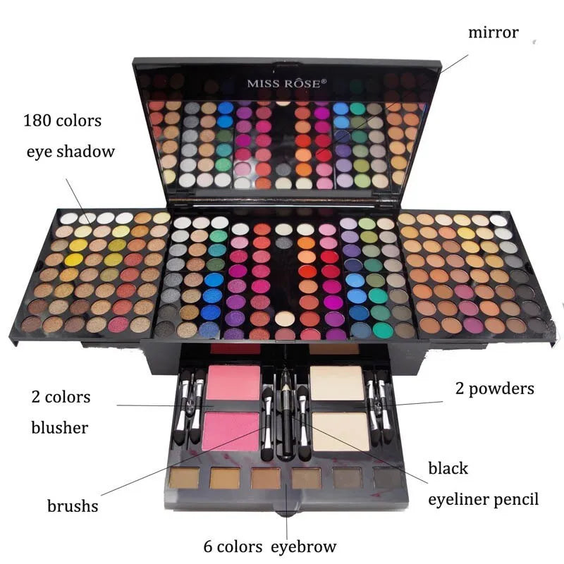 Piano-shaped open makeup palette displaying 180 eyeshadow colours, 2 blushes, 2 powders, and 6 powder outlines.
