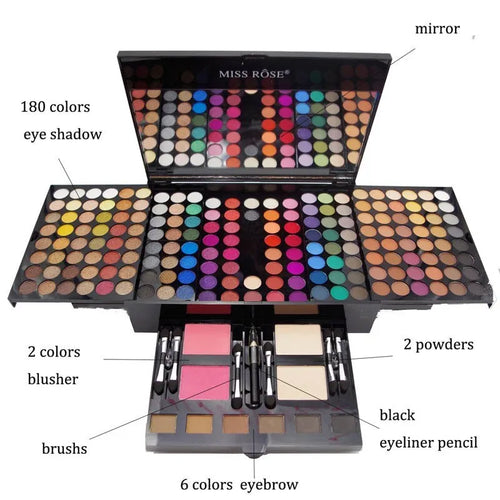 Piano-shaped open makeup palette displaying 180 eyeshadow colours, 2 blushes, 2 powders, and 6 powder outlines.