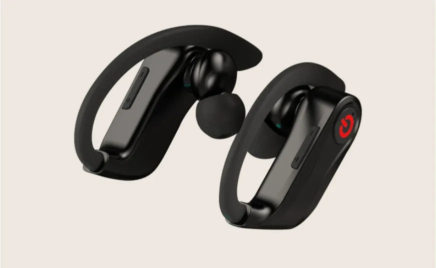 Black wireless Bluetooth in-ear headset with two earbuds on a white background.