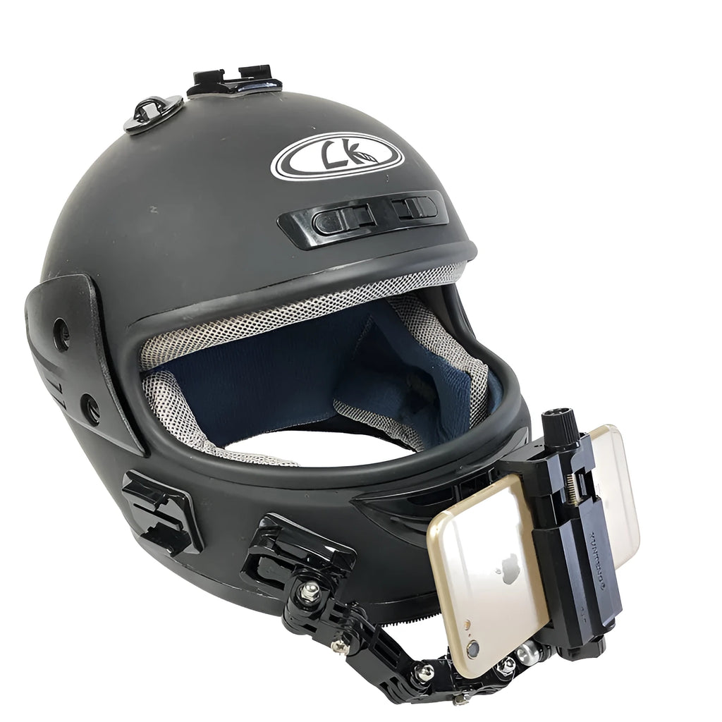 Black camera bracket mounted on a motorcycle helmet, made of ABS and stainless steel