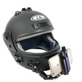 Black camera bracket mounted on a motorcycle helmet, made of ABS and stainless steel